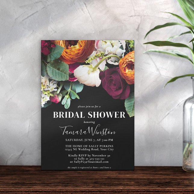 Elegante Burgundy Orange Blush Black Floral Shower Einladung (Von Creator hochgeladen)