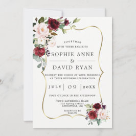 Elegante Burgundy Pink Blume Gold Frame Wedding Einladung
