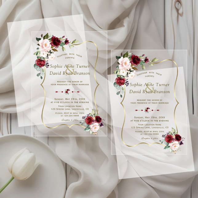 Elegante Burgundy Pink Blume Gold Wedding Acryleinladungen (Von Creator hochgeladen)