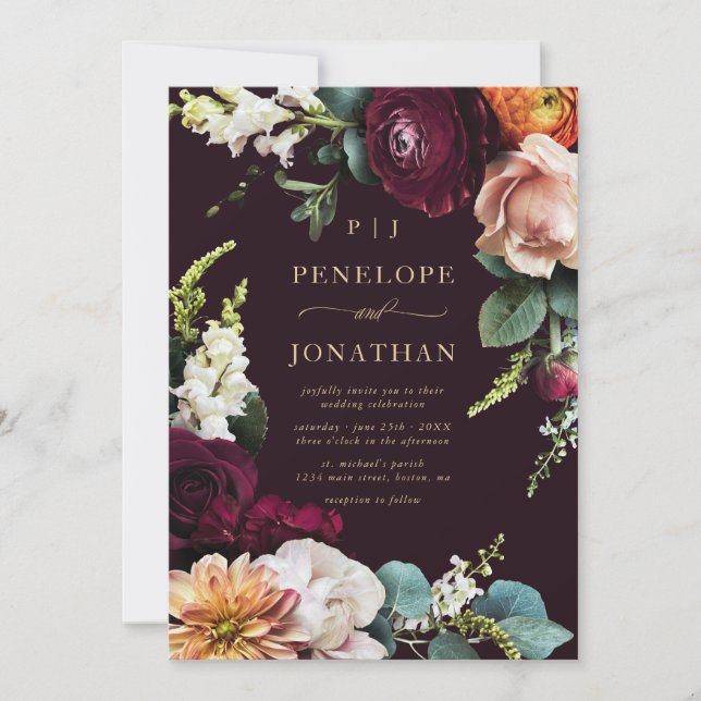 Elegante Burgundy Pink Floral Gold Script Hochzeit Einladung (Vorderseite)
