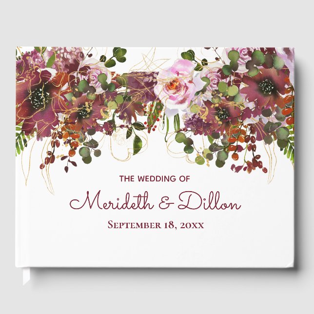 Elegante Burgundy Pink Gold Floral Wedding Gästebuch (Vorderseite)