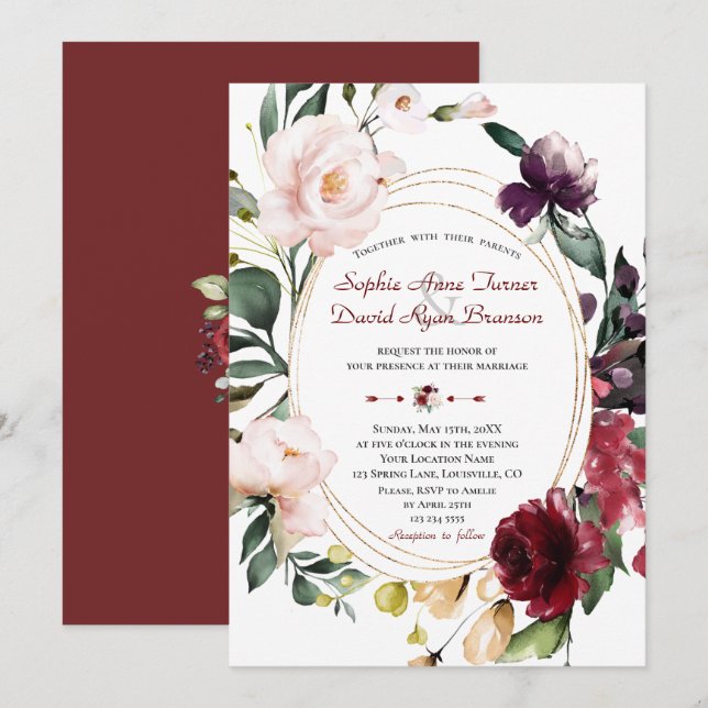 Elegante Burgundy Plum Blush Blume GoldWedding Einladung (Vorne/Hinten)