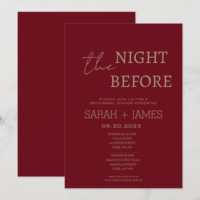 Elegante Burgundy Probe Dinner Hochzeit Einladung (Vorne/Hinten)