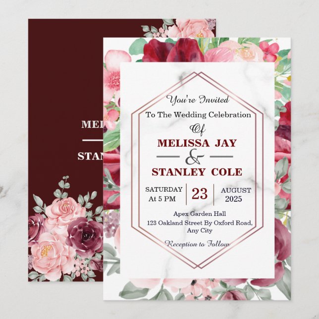 Elegante Burgundy Red Blush Pink Floral Wedding Einladung (Vorne/Hinten)