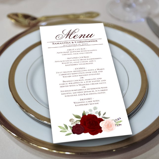 Elegante Burgundy Red & Blush Pink Roses Wedding Menükarte (Von Creator hochgeladen)