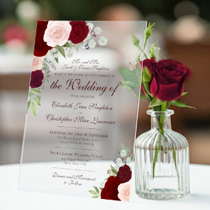 Elegante Burgundy Red & Blush Rose Feierliche Hoch Acryleinladungen
