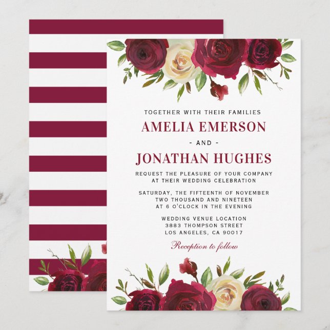 Elegante Burgundy Red Floral Herbst Winter Wedding Einladung (Vorne/Hinten)