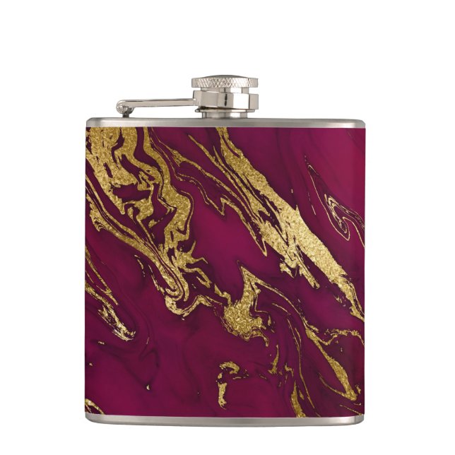 Elegante Burgundy Red Gold Imitats Marmorbäume Flachmann (Vorderseite)