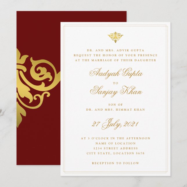 Elegante Burgundy Red Gold Indian Wedding Einladung (Vorne/Hinten)
