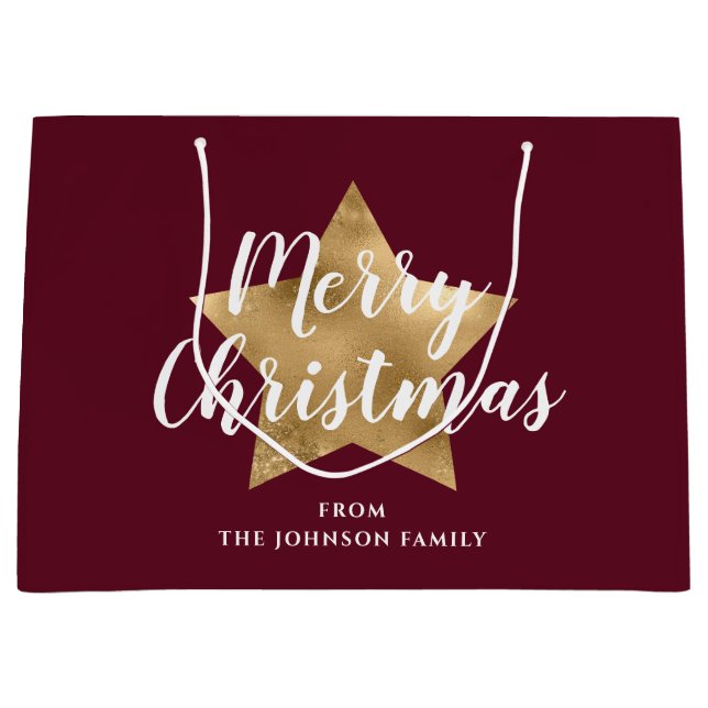 Elegante Burgundy Red Gold Star Weihnachten Große Geschenktüte (Vorderseite)