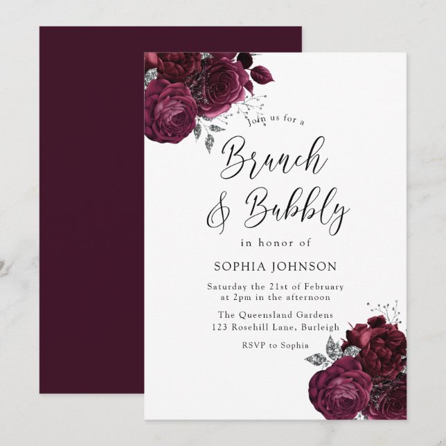 Elegante Burgundy Rose Brunch & Bubbly Bridal Einladung (Vorne/Hinten)
