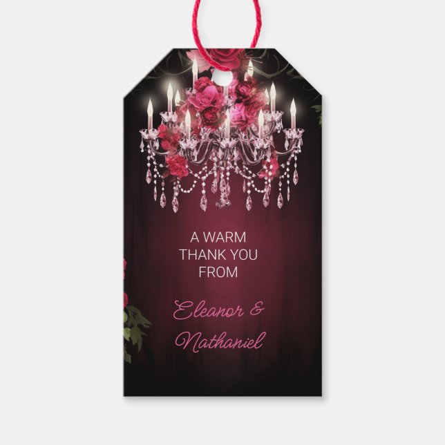 Elegante Burgundy Rose Chandelier Wedding Geschenkanhänger (Vorderseite)