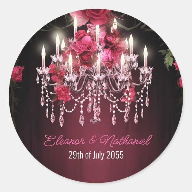 Elegante Burgundy Rose Chandelier Wedding Runder Aufkleber (Vorderseite)