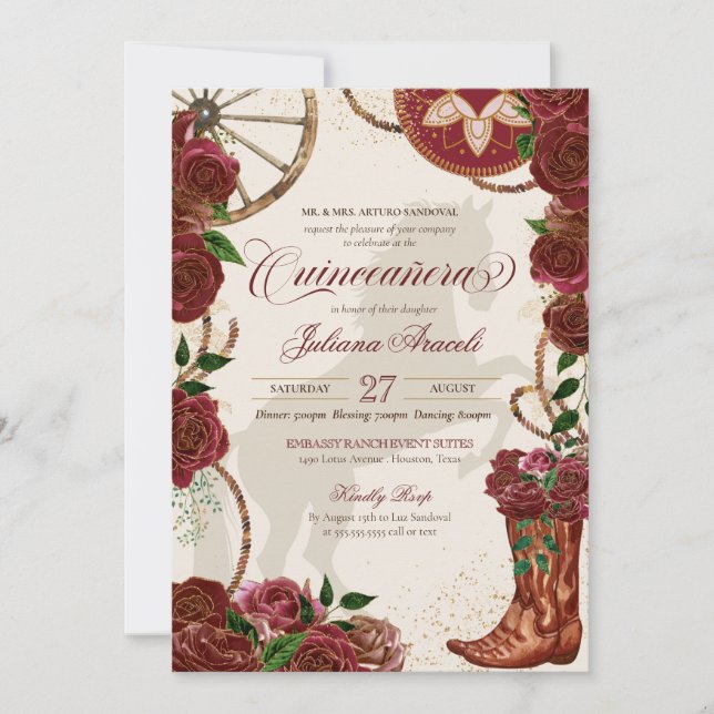 Elegante Burgundy Rose Charro Boots Quinceanera Einladung (Vorderseite)