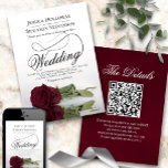 Elegante Burgundy Rose Extravagantes Script QR Cod Einladung<br><div class="desc">Diese wunderschöne Hochzeitseinladung zeigt ein wunderschönes Foto eines Single, das sich auf einer Seite in bordeauxroter Rose befindet und in einem Wasserbecken mit Wellen und Wellen reflektiert. Das Design verfügt über ein extravagantes Kalligraphieskript mit einem langen, lockigen Schwanz, was es sowohl modern als auch klassisch macht. Elegante, raffinierte und schicke...</div>