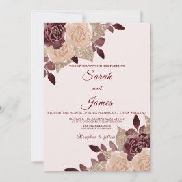 Elegante Burgundy Rose Gold Glitzer Blumenhochzeit Einladung