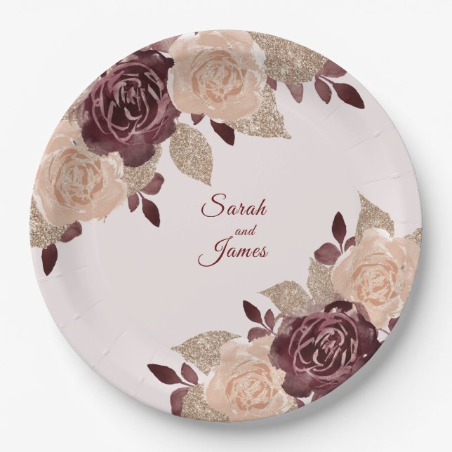 Elegante Burgundy Rose Gold Glitzer Blumenhochzeit Pappteller (Vorderseite)