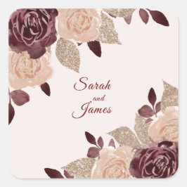 Elegante Burgundy Rose Gold Glitzer Blumenhochzeit Quadratischer Aufkleber