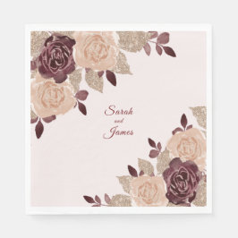Elegante Burgundy Rose Gold Glitzer Blumenhochzeit Serviette