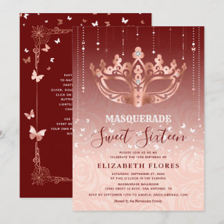 Elegante Burgundy Rose Gold Masquerade Sweet 16 Einladung