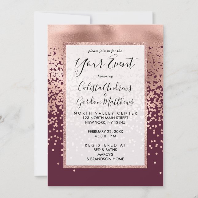 Elegante Burgundy Rose Gold Polka Dot Gradient Einladung (Vorderseite)