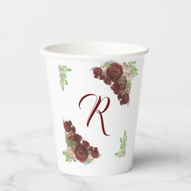 Elegante Burgundy Rose Mit Monogramm Paper Cups Pappbecher (Vorderseite)