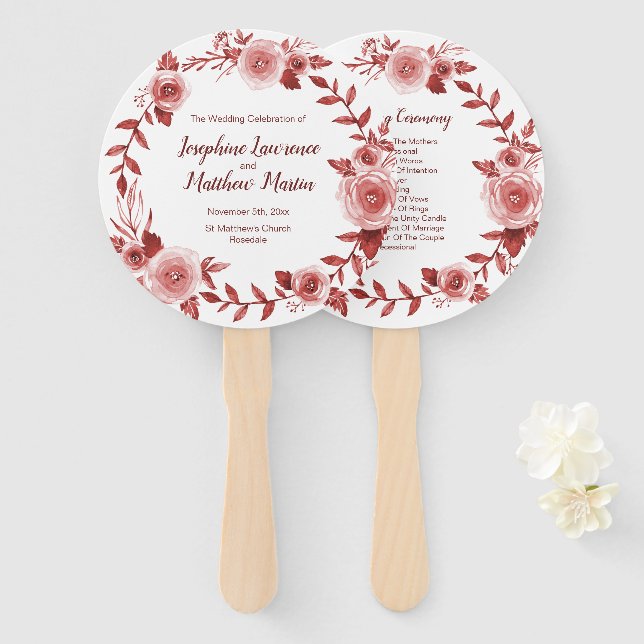 Elegante Burgundy Rose Wreath Wedding Programs Fächer (Vorne und Hinten)