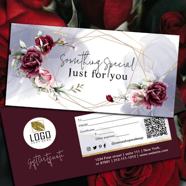 Elegante Burgundy Rote Rosen Watercolor Geschenkka Dankeskarte (Elegant Burgundy Red Roses Watercolor Gift Card #bloomspring #zazzlemade #burgundyflowers )