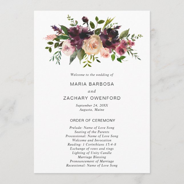 Elegante Burgundy Rustic Fall Floral Wedding Programm (Vorderseite)