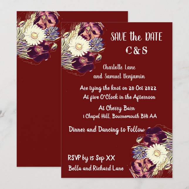 Elegante Burgundy Rustic Floral Monogram Wedding Einladung (Vorne/Hinten)
