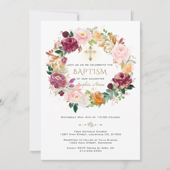 Elegante Burgundy Saffron Blume Wreath Baptismus Einladung (Vorderseite)