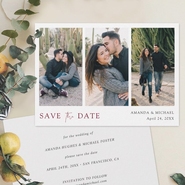 Elegante Burgundy Script Multi Foto Collage Save The Date (Von Creator hochgeladen)