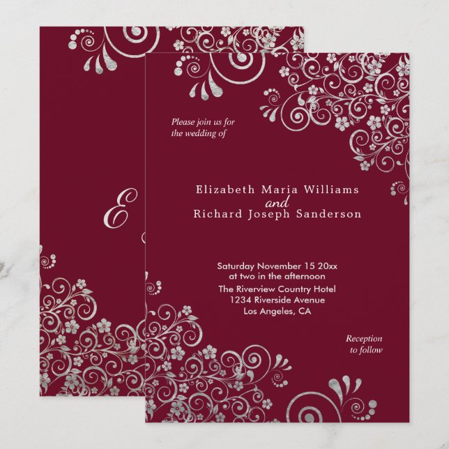 Elegante Burgundy Silver Gray Wirbel Hochzeit Einladung (Vorne/Hinten)