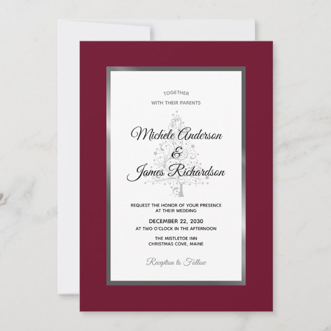 Elegante Burgundy Silver Holiday Winter Wedding Einladung (Vorderseite)