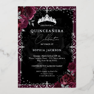 Elegante Burgundy Silver Rose Quinceanera Folieneinladung
