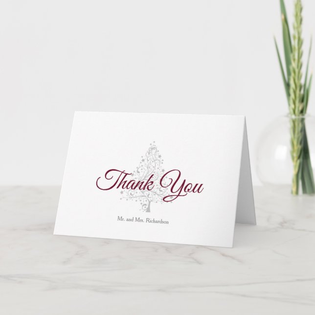 Elegante Burgundy Silver Winter Holiday Wedding Dankeskarte (Vorderseite)