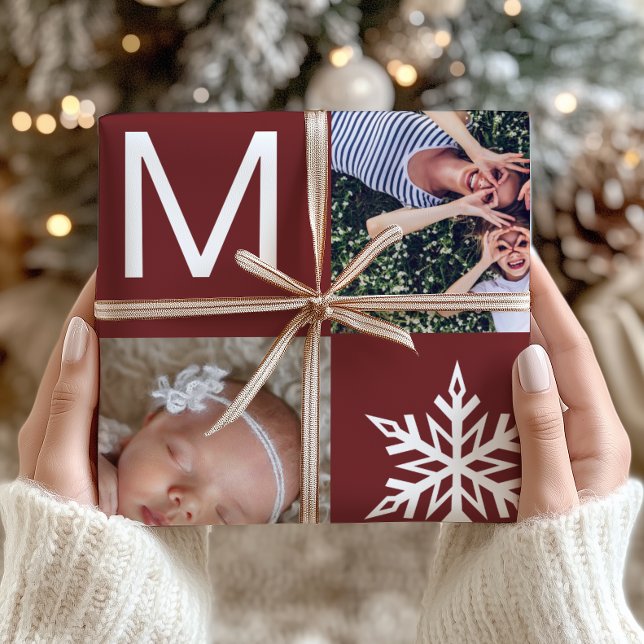 Elegante Burgundy Snowflake Foto Collage Weihnacht Geschenkpapier (Von Creator hochgeladen)