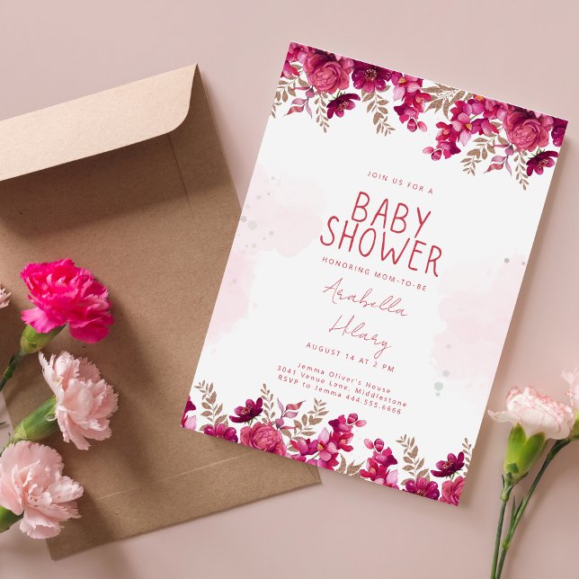 Elegante Burgundy Spring Floral Baby Shower Einladung (Von Creator hochgeladen)