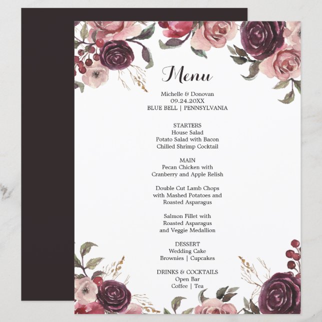 Elegante Burgundy Summer Floral Dinner Karte (Vorne/Hinten)