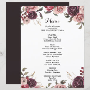 Elegante Burgundy Summer Floral Dinner Karte