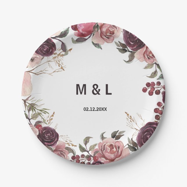 Elegante Burgundy Summer Floral Wedding Pappteller (Vorderseite)
