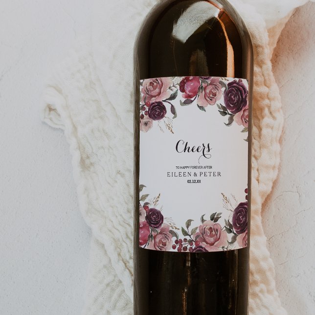 Elegante Burgundy Summer Floral Wedding Wine Label Weinetikett (Von Creator hochgeladen)