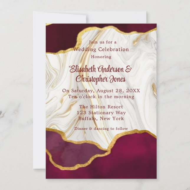 Elegante Burgundy und Gold Agate Wedding Einladung (Vorderseite)