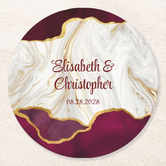 Elegante Burgundy und Gold Agate Wedding Runder Pappuntersetzer (Vorderseite)