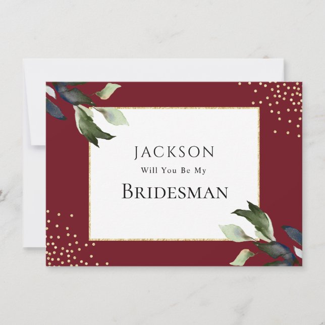 Elegante Burgundy und Gold Bridesman Vorschlagskar (Vorderseite)