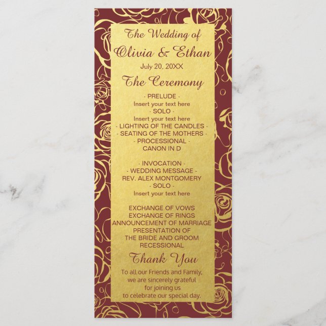 Elegante Burgundy und Gold Foil Blume Programm (Vorderseite)