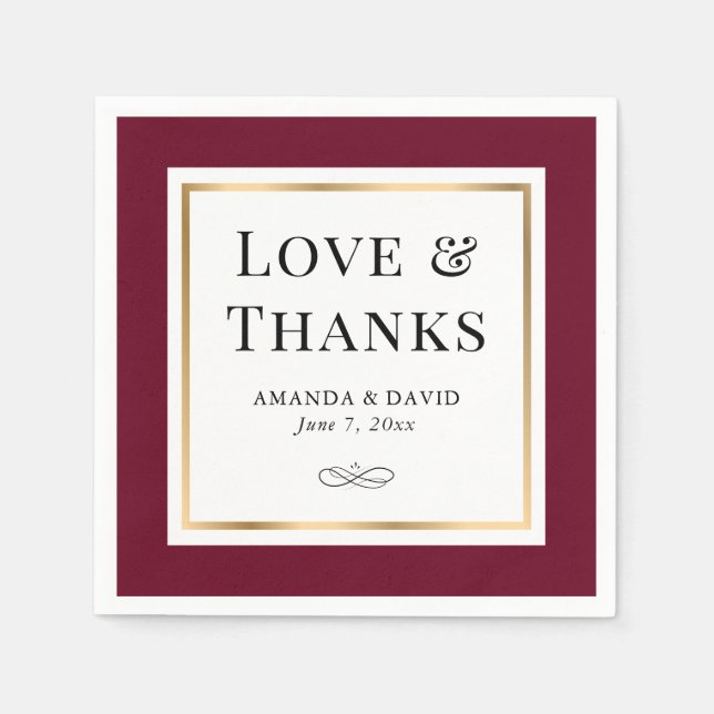 Elegante Burgundy und Gold Liebe und Dank Hochzeit Serviette (Vorderseite)