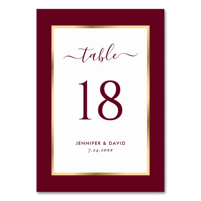 Elegante Burgundy und Gold Wedding Tischnummer (Vorderseite)