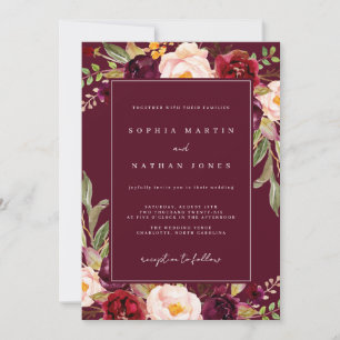 Elegante Burgundy Watercolor Blumenhochzeit Einladung