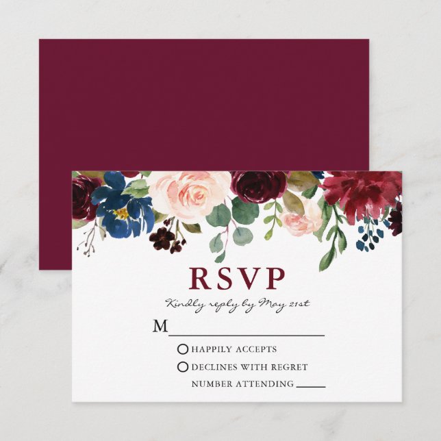 Elegante Burgundy Watercolor Blumenhochzeit RSVP Karte (Vorne/Hinten)